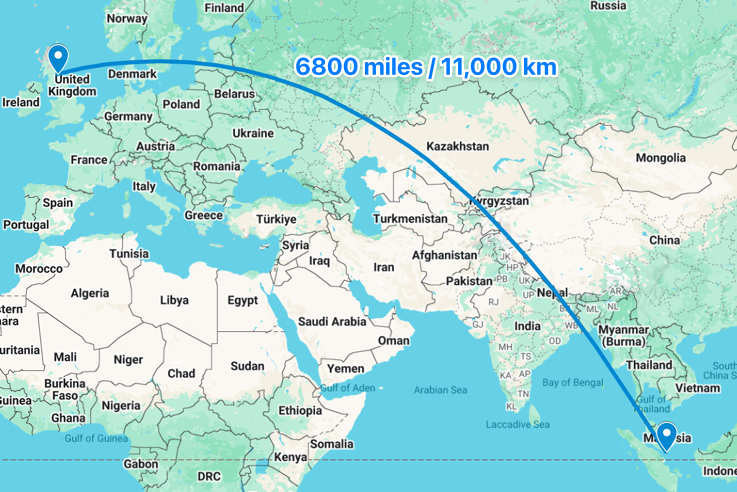 Map showing distance from Singapore to Edinburgh - 6800 miles / 11,000 km